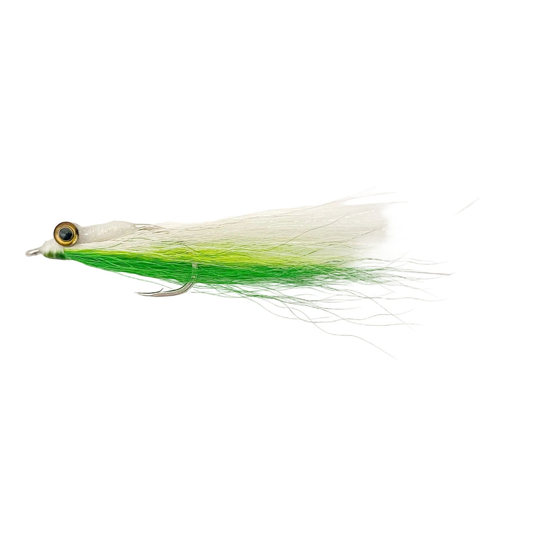 FS Clouser Minnow fly in chartreuse and white with weighted gold eye