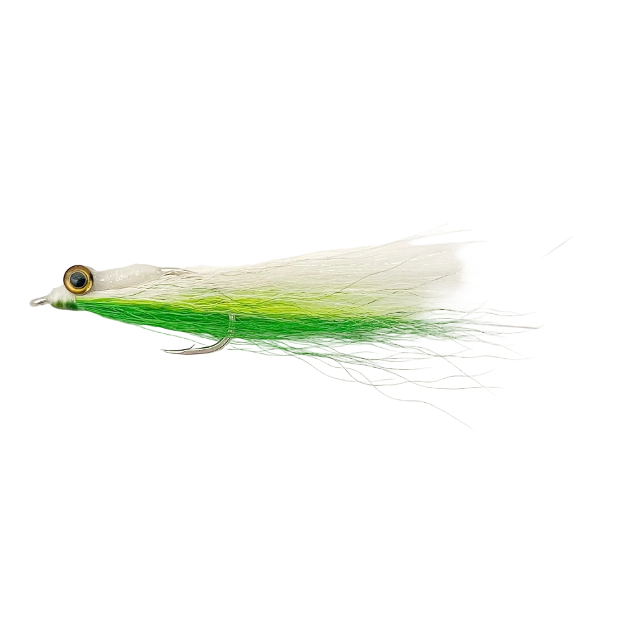 Chartreuse and white Clouser Minnow fly with weighted eyes and marabou tail
