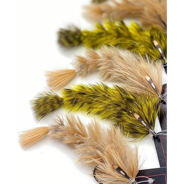 Chartreuse and tan FeatherLite Changer flies on backing card