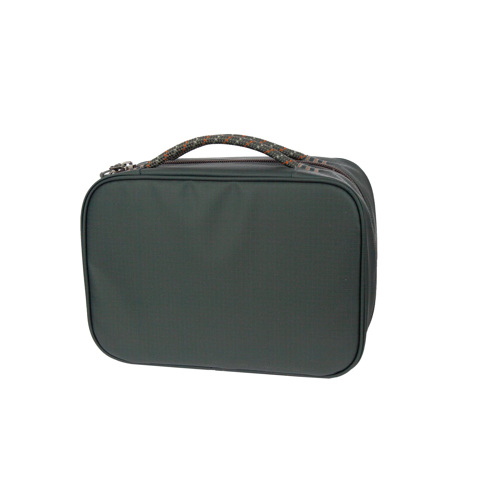 Closed dark grey Fishpond Backwater fly tying travel bag with braided rope handle and zipper closure