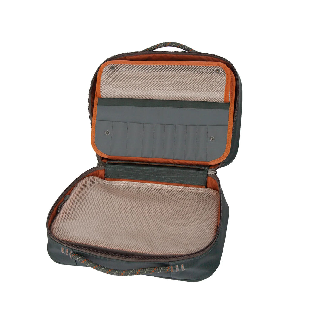 Fishpond Backwater fly tying kit interior lid with elastic tool slots and beige mesh divider panel