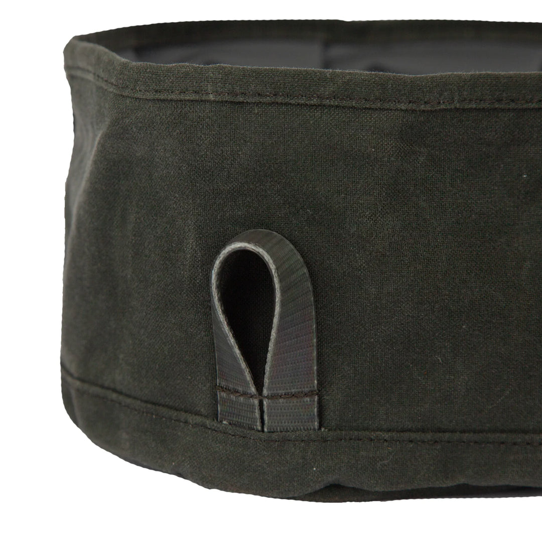 Close-up of reinforced webbing loop on Fishpond collapsible dog bowl