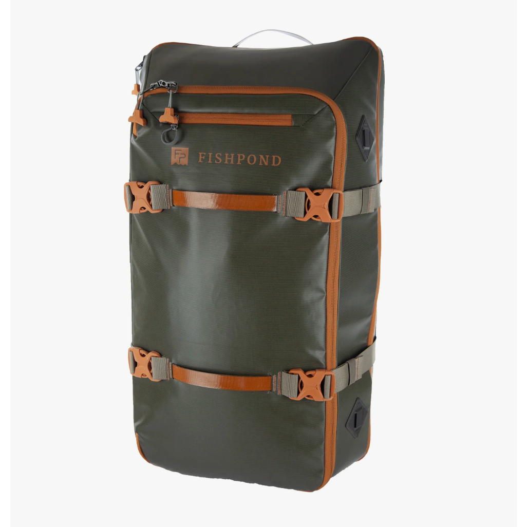 Fishpond Stormshadow Medium Rolling Duffel in dark olive green with orange accents and compression straps