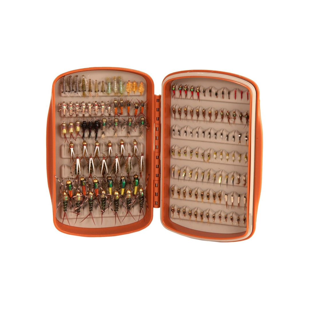 Fishpond Tacky Pescador Small fly box with orange shell holding assorted wet flies and nymphs
