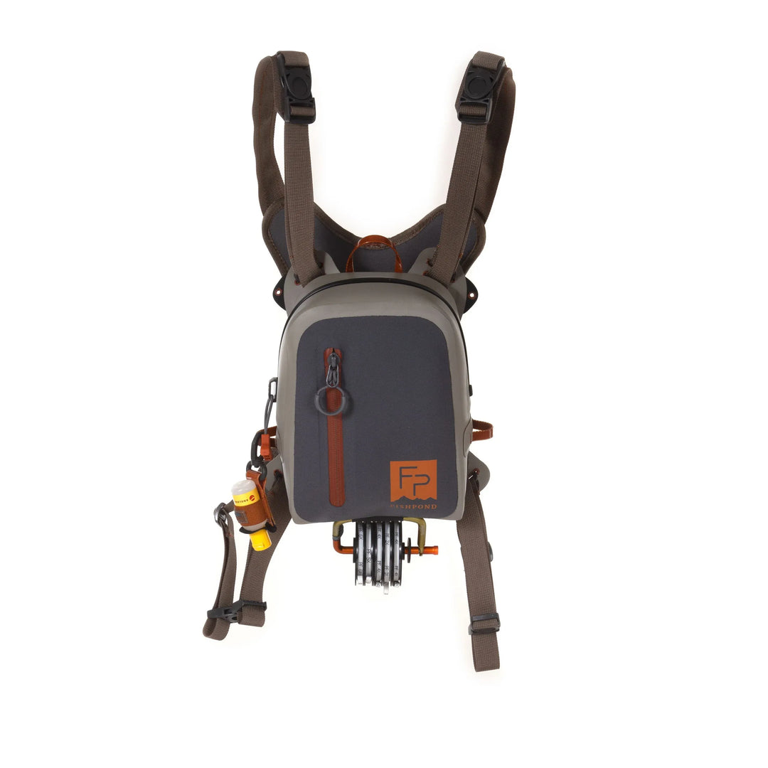 Grey Fishpond Thunderhead Submersible Chest Pack with orange zippers and net holster attachment