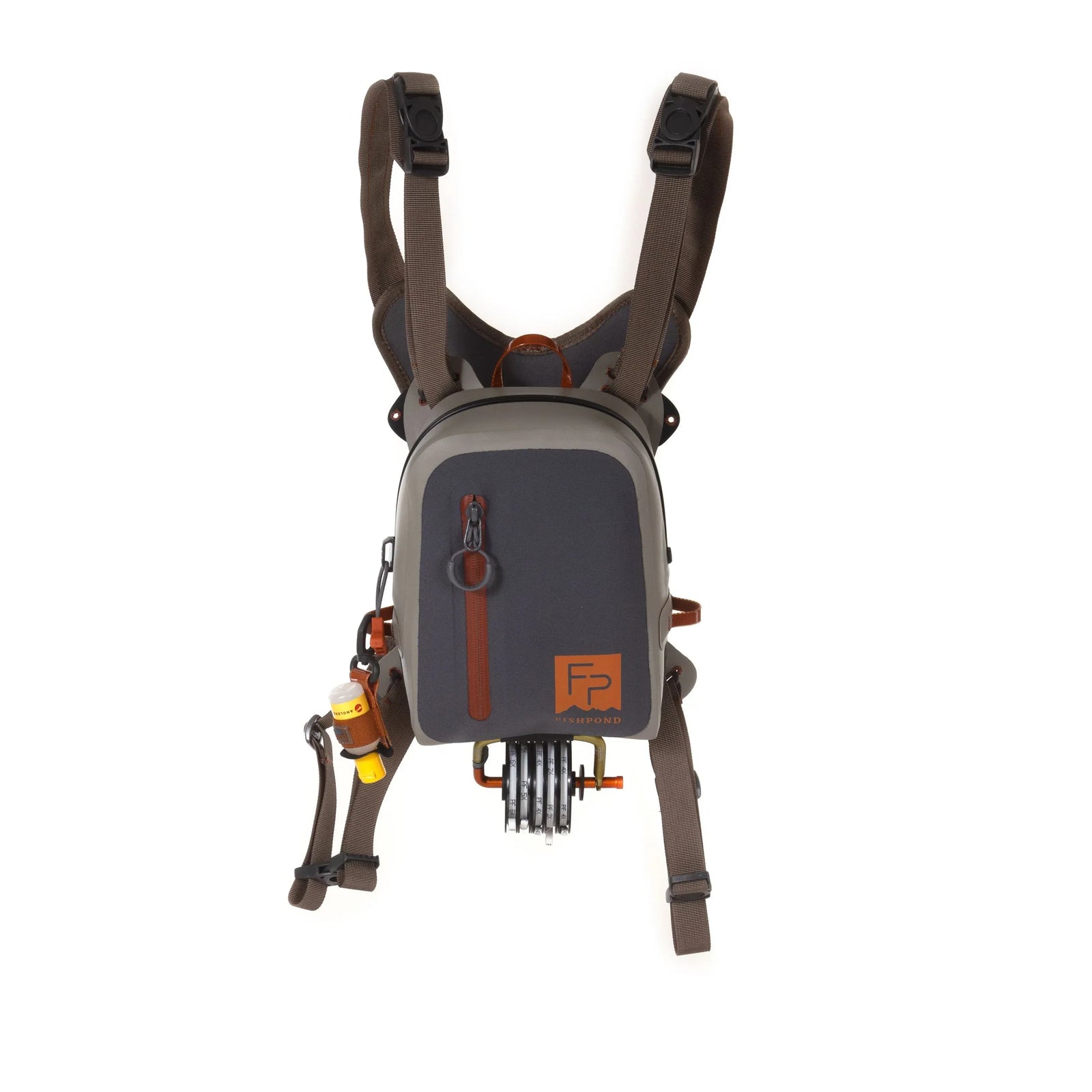 Grey Fishpond Thunderhead Submersible Chest Pack with orange zippers and net holster attachment