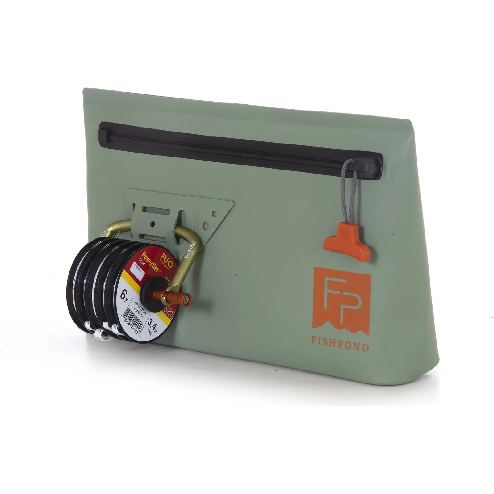Sage green Fishpond Thunderhead pouch showing tie-down point holding fly line spool