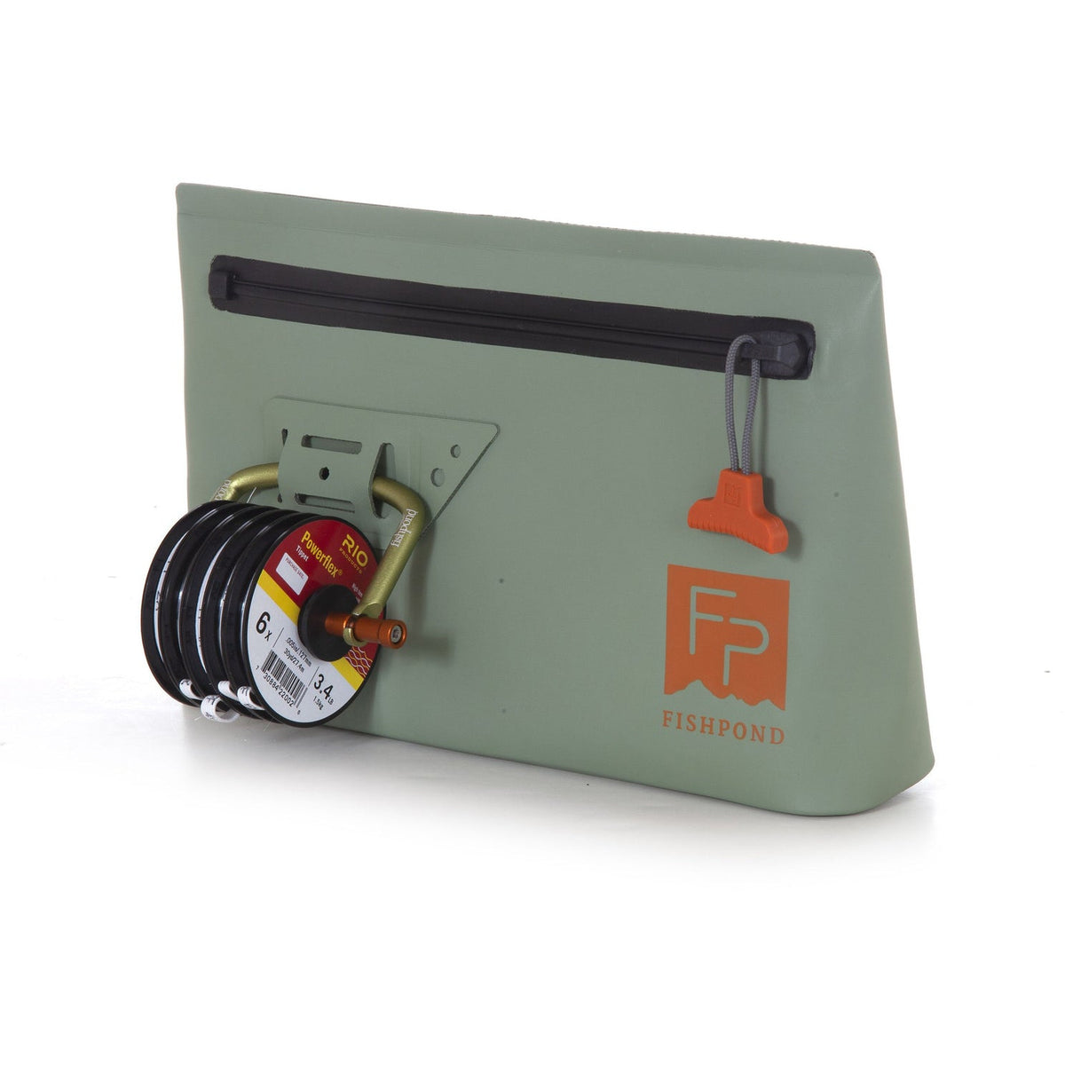 Fishpond Thunderhead Eco Yucca waterproof pouch with orange zipper and fly line spool