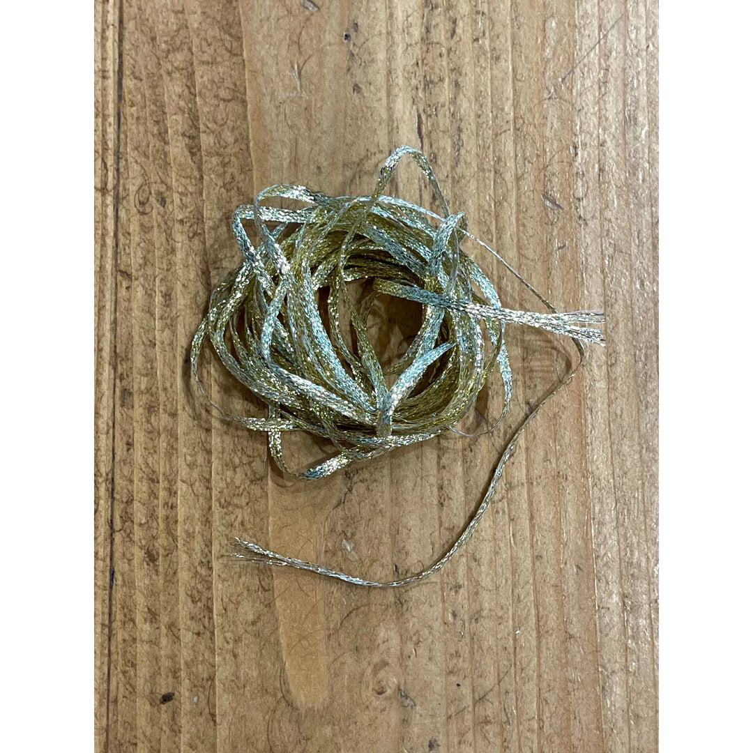 Olive green and silver flat diamond braid synthetic fly tying material detail