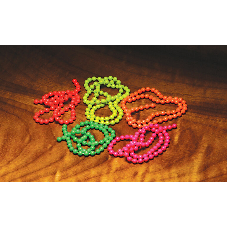 Fluorescent bead chain for fly tying, featuring red, green, orange, and pink beads on wire