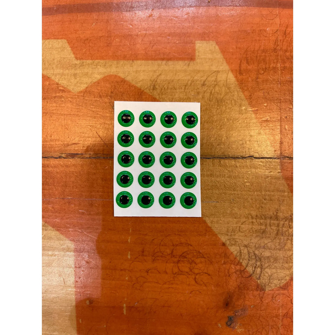 Green fluorescent fly tying eyes, 8mm glittery irises with black pupils on white sheet