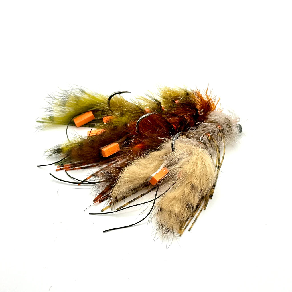 Assorted Flymen Next Claw Changer articulating crayfish flies in olive and tan