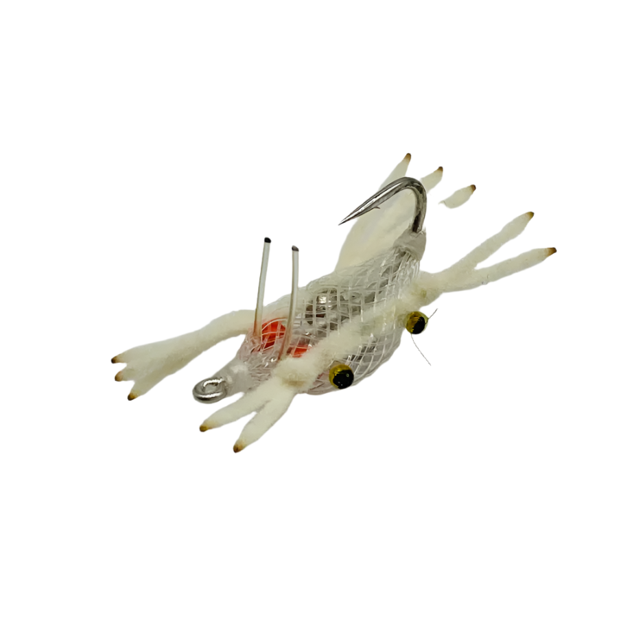 Clear Alphlexo Crab fly with orange hotspot and white legs for bonefish and permit
