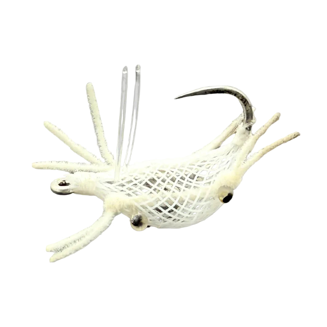 FlyMen Fishing Co. Alphlexo Crab fly with white grid tubing body and fuzzy legs