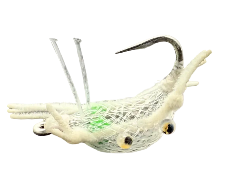 FlyMen Alphlexo Crab fly with clear body, green hot spot, and tungsten bead weight for saltwater fishing