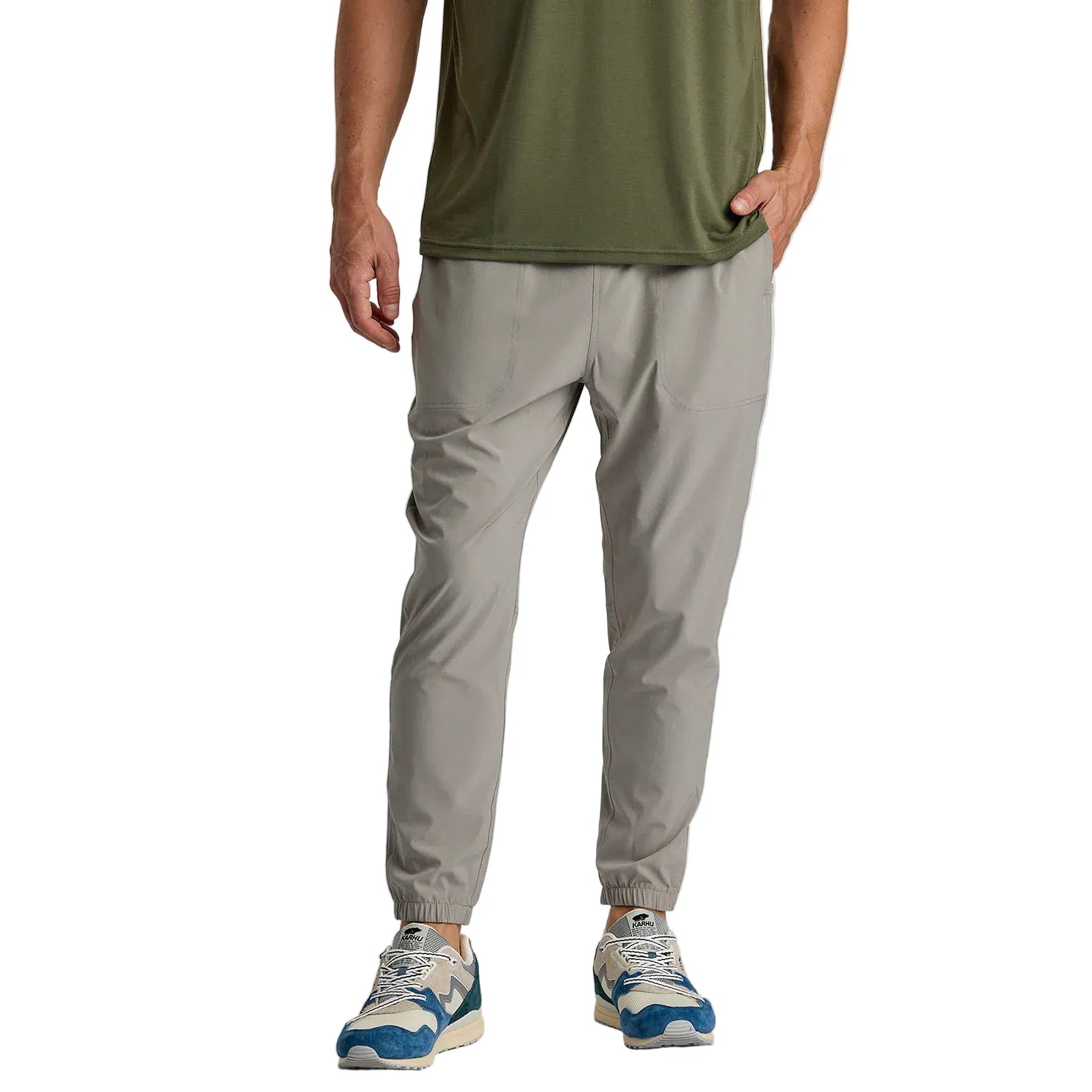 Front view of men's cement grey Breeze joggers with tapered fit and elastic cuff