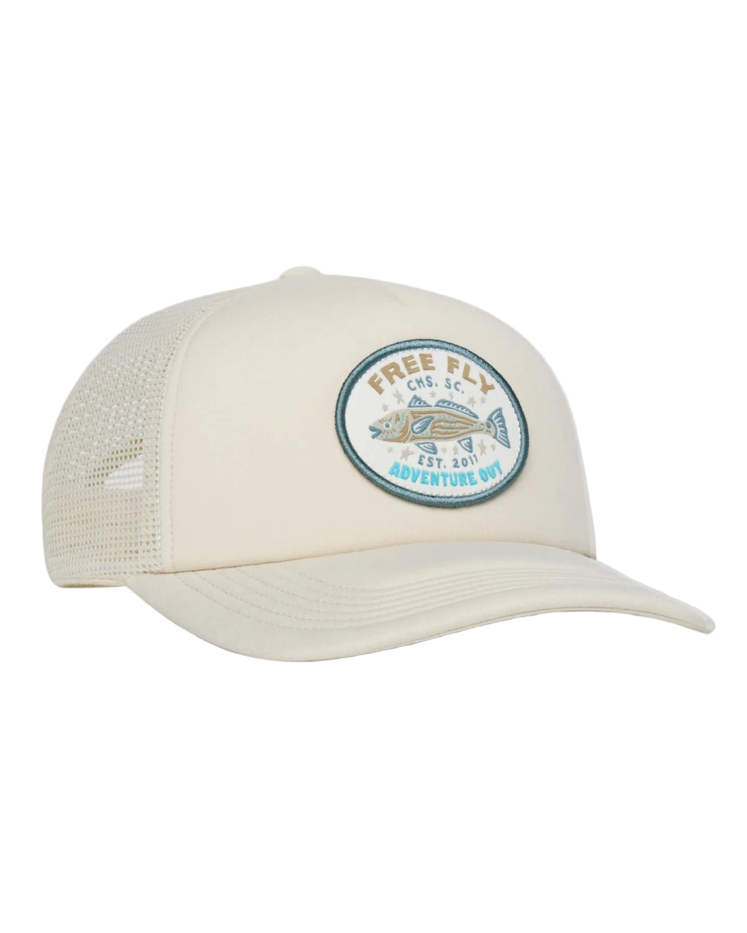Cream Free Fly Fish Camp foam trucker hat with embroidered fish patch and mesh back