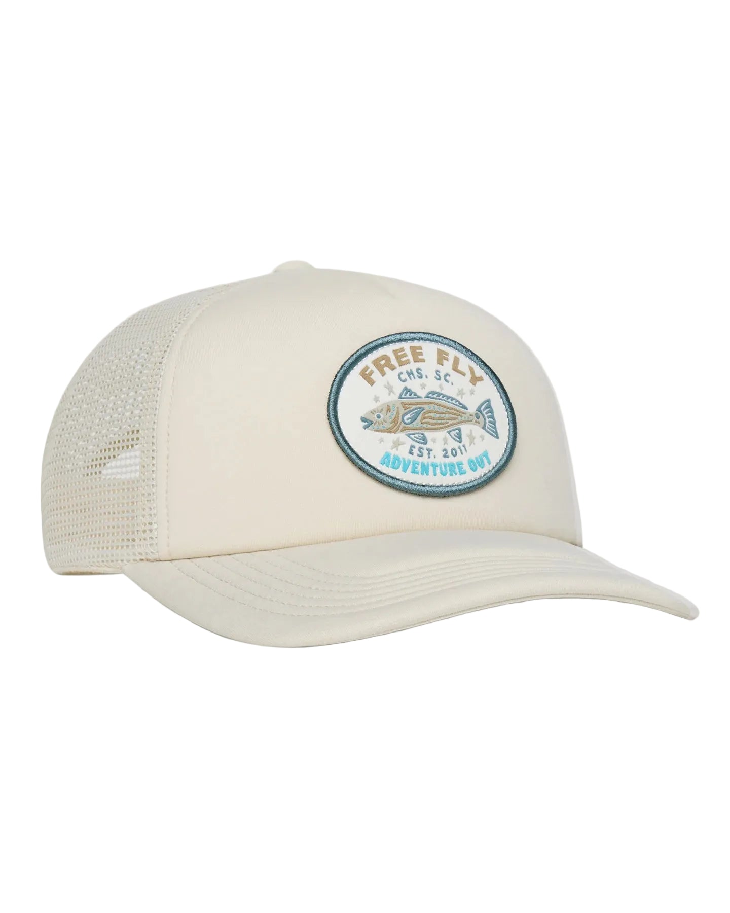 Cream Free Fly Fish Camp foam trucker hat with embroidered fish patch and mesh back