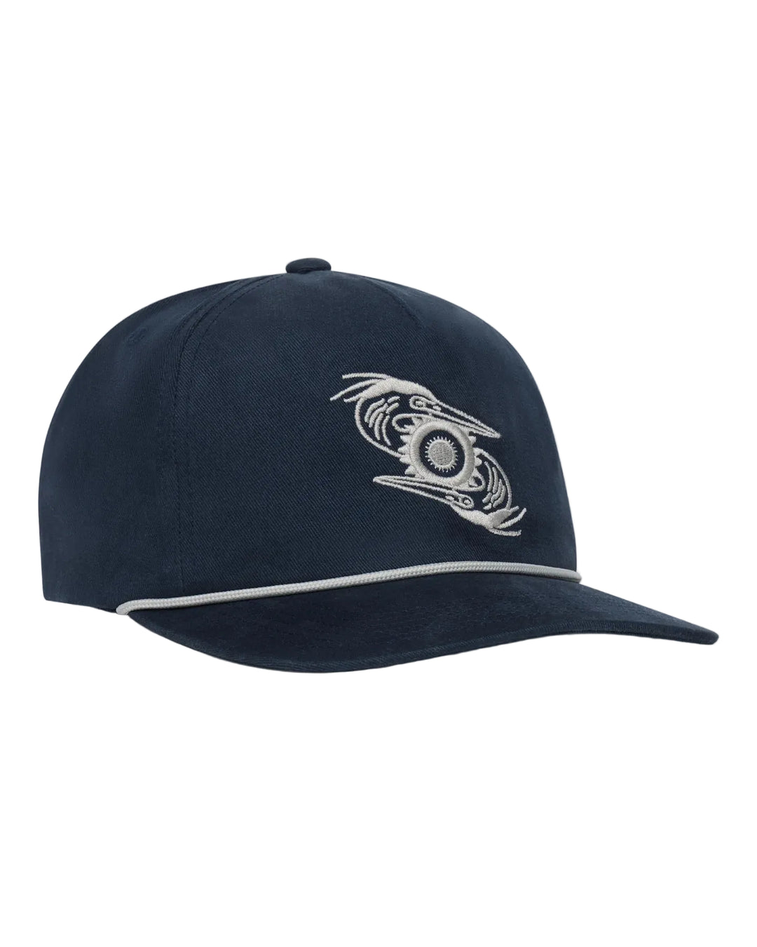 Navy blue Great Blue Heron snapback hat with embroidered heron head and cotton construction