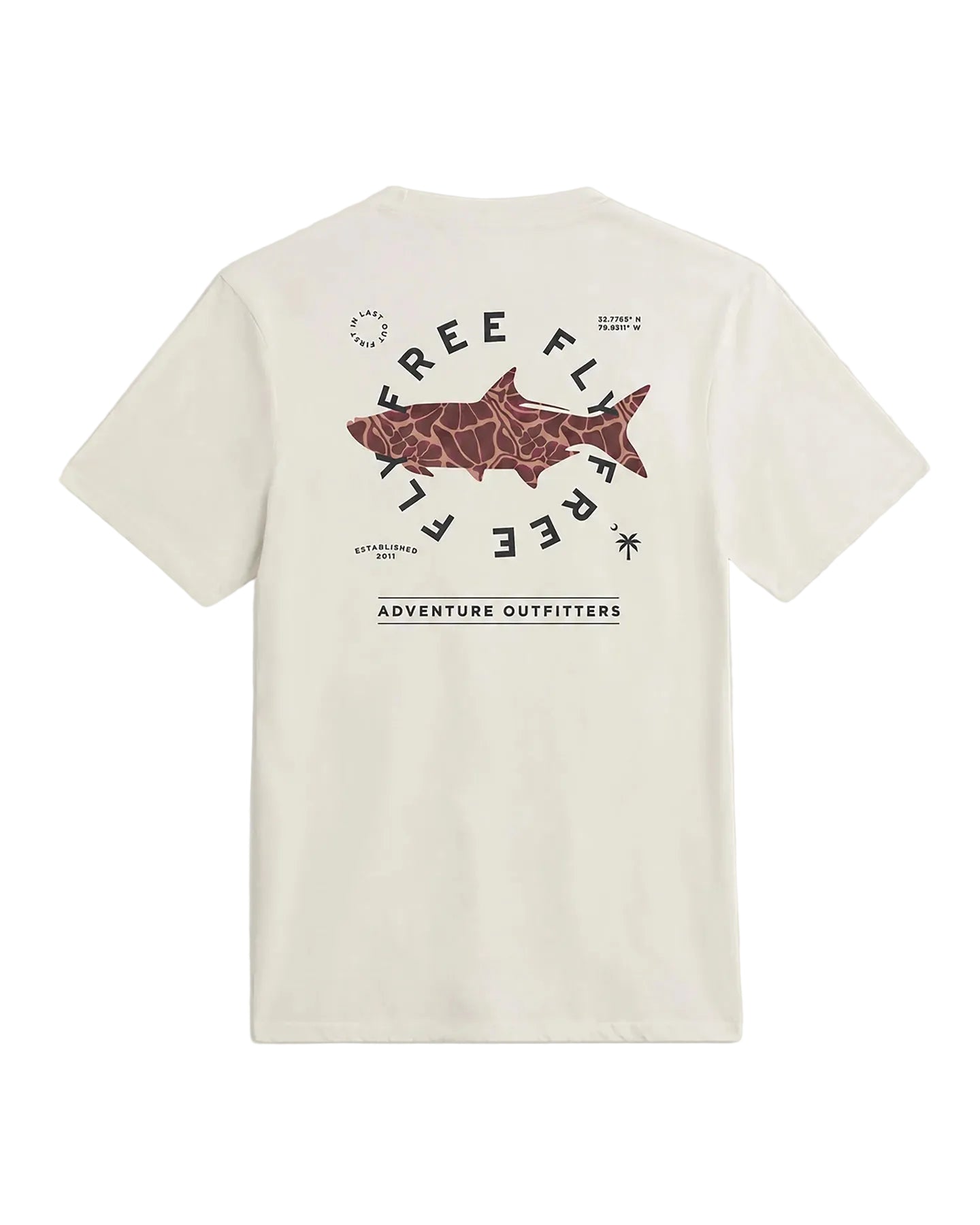Free Fly Men's Target Species Pocket Tee back view with large fish graphic and Adventure Outfitters text