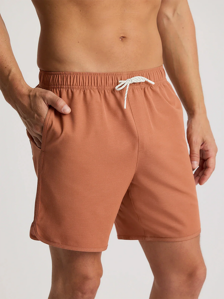Free Fly Reverb 7" shorts in redwood with side pocket detail