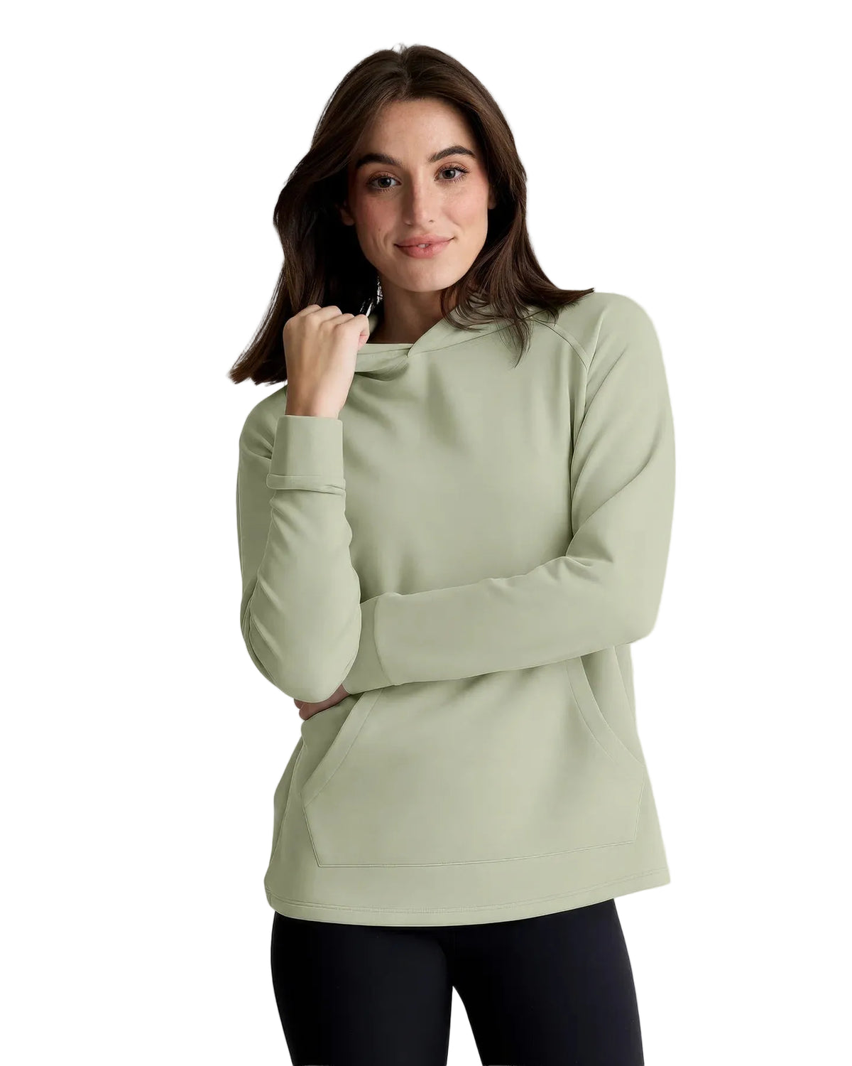 Close-up of ribbed cuffs and front pouch on bamboo hoodie