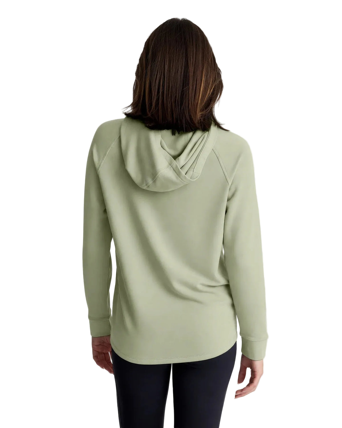 Back view of relaxed fit sage green women's fleece hoodie