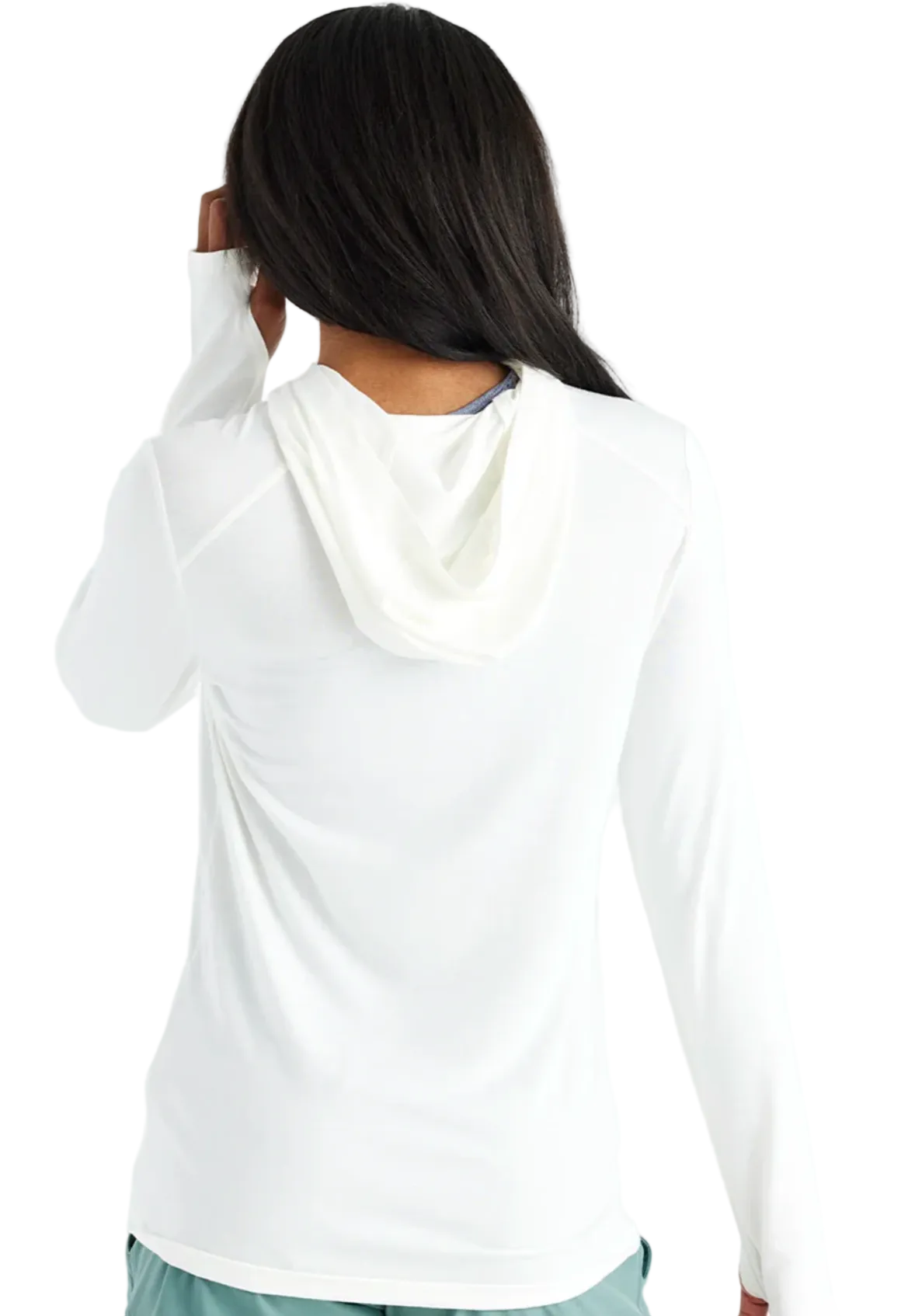 Back view of relaxed drape fit on bright white women's bamboo hooded top