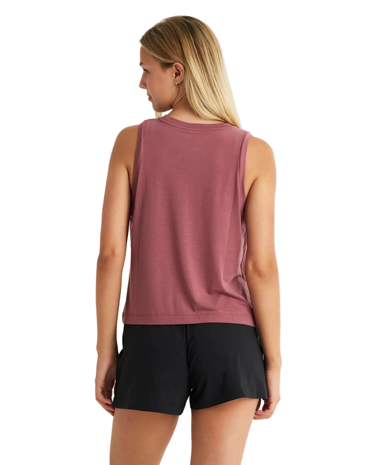 Back view of Free Fly Women's Plum lightweight tank top