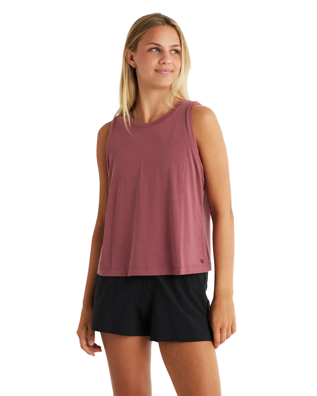 Close-up of Free Fly Plum tank showing heathered fabric and logo tag