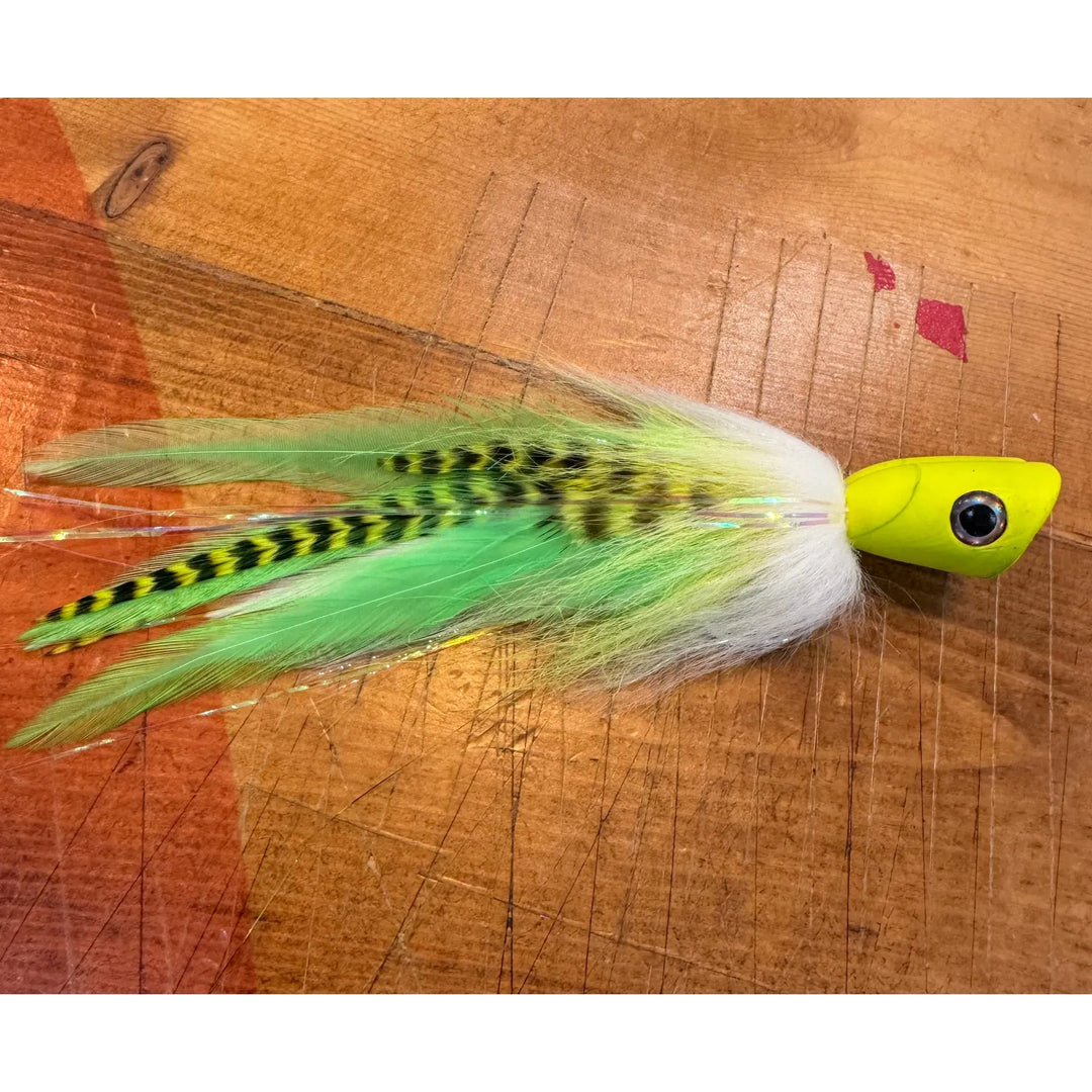 Neon yellow-green peacock bass popper fly with green chevron body