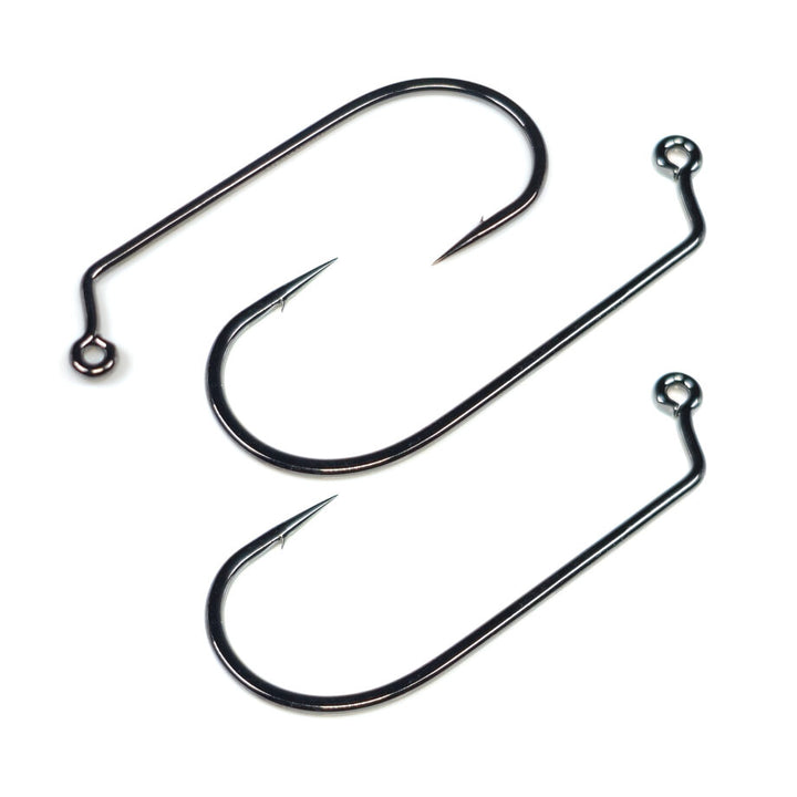Set of Gamakatsu J60 crab pattern hooks showing sharp points and angled eyes