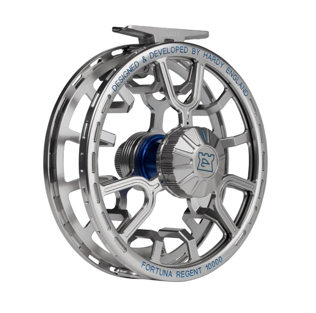 Hardy Fortuna Regent 10000 fly reel side view showing blue tension regulator
