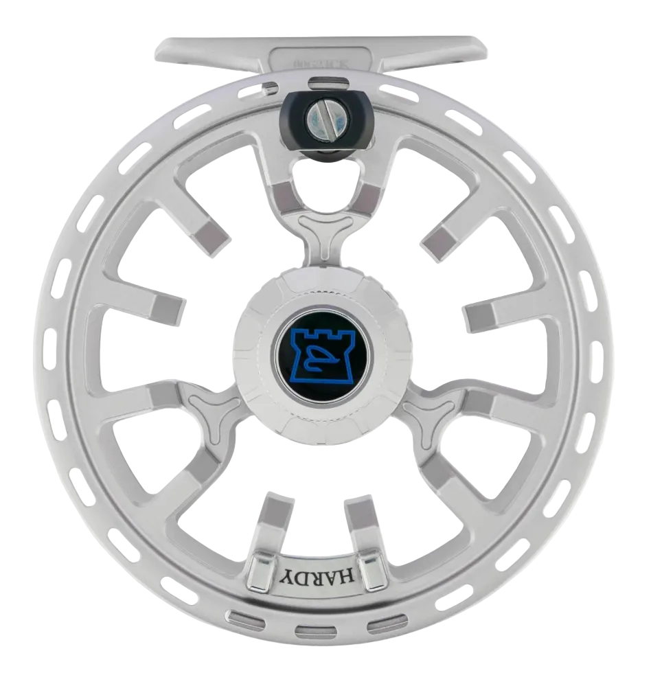 Back view of silver Hardy Fortuna Regent 6000 fly reel showing drag knob and ventilation slots