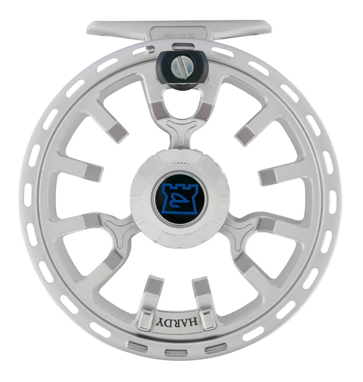 Back view of silver Hardy Fortuna Regent 6000 fly reel showing drag knob and ventilation slots