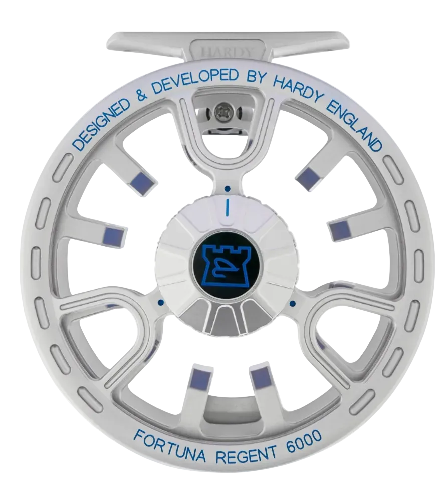 Front view of silver Hardy Fortuna Regent 6000 fly reel with open-frame design and blue accents