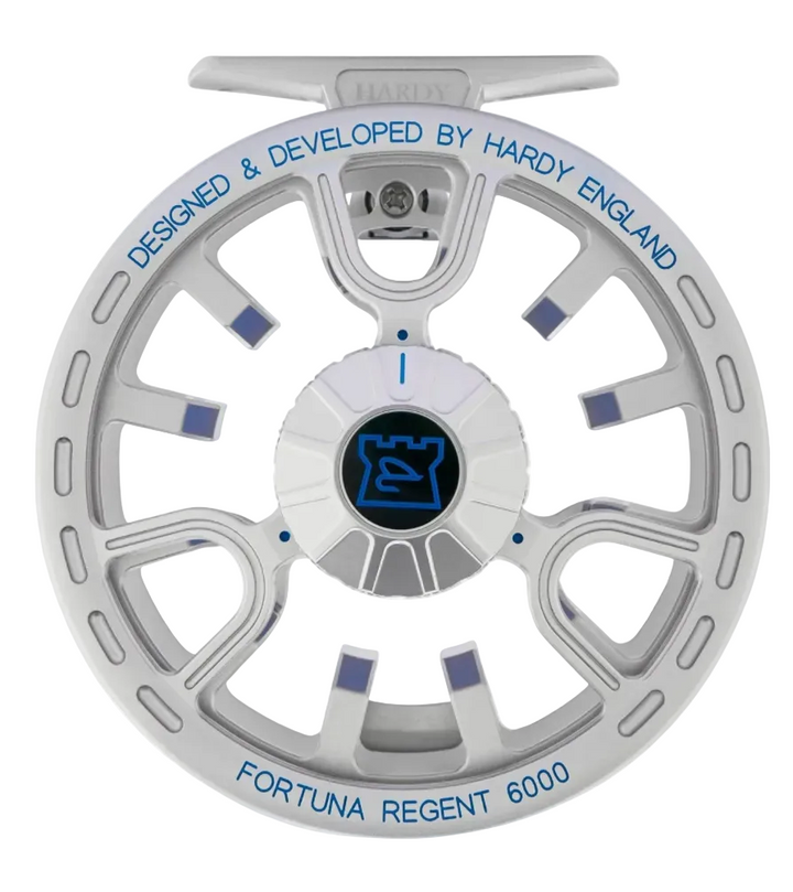 Front view of silver Hardy Fortuna Regent 6000 fly reel with open-frame design and blue accents