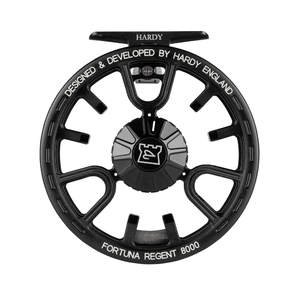 Front view of Hardy Fortuna Regent 8000 fly reel showing multi-pad drag system and England engraving