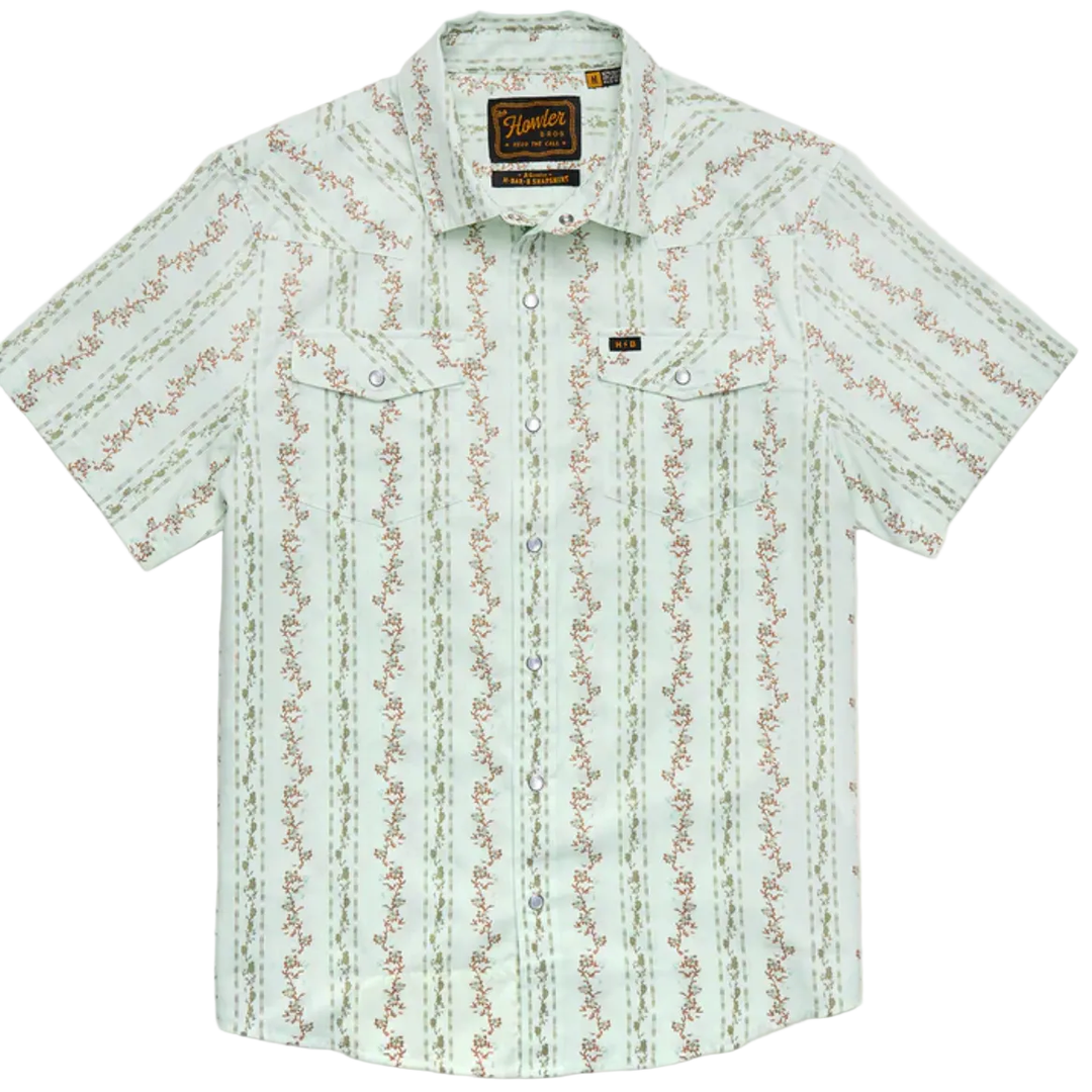 Mint H Bar B Snapshirt with floral stripe pattern and pearl snaps