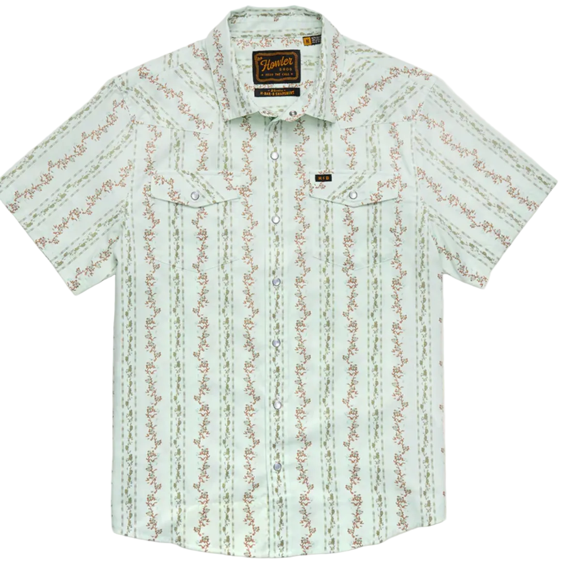 Mint H Bar B Snapshirt with floral stripe pattern and pearl snaps
