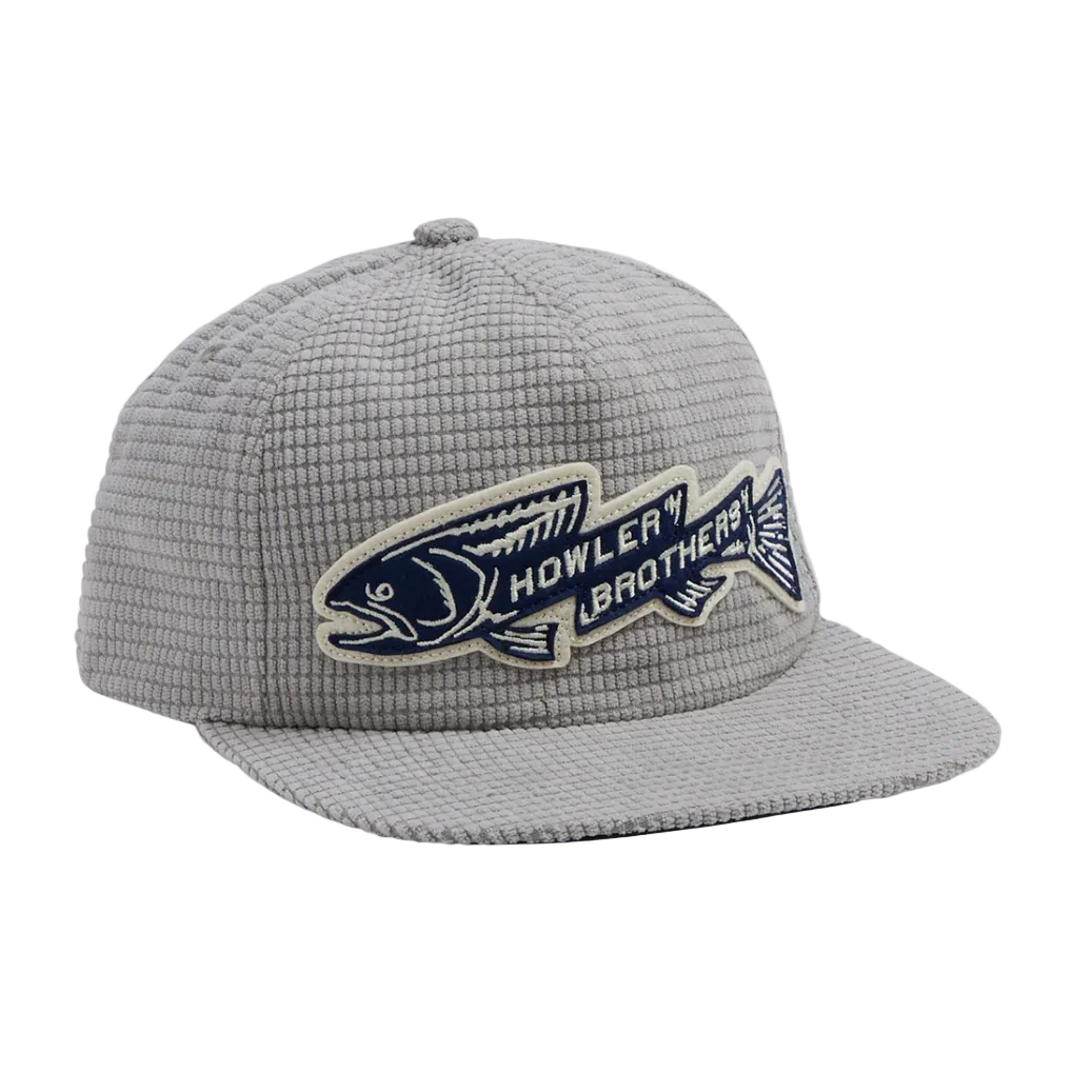 Light gray corduroy snapback hat with embroidered trout patch and Howler Brothers logo