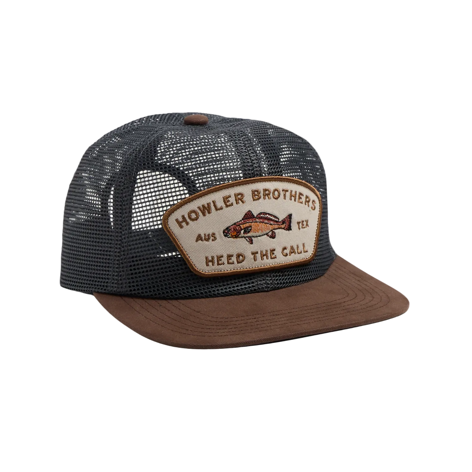 Redfish Feedstore Snapback hat with embroidered fish patch and dark under brim