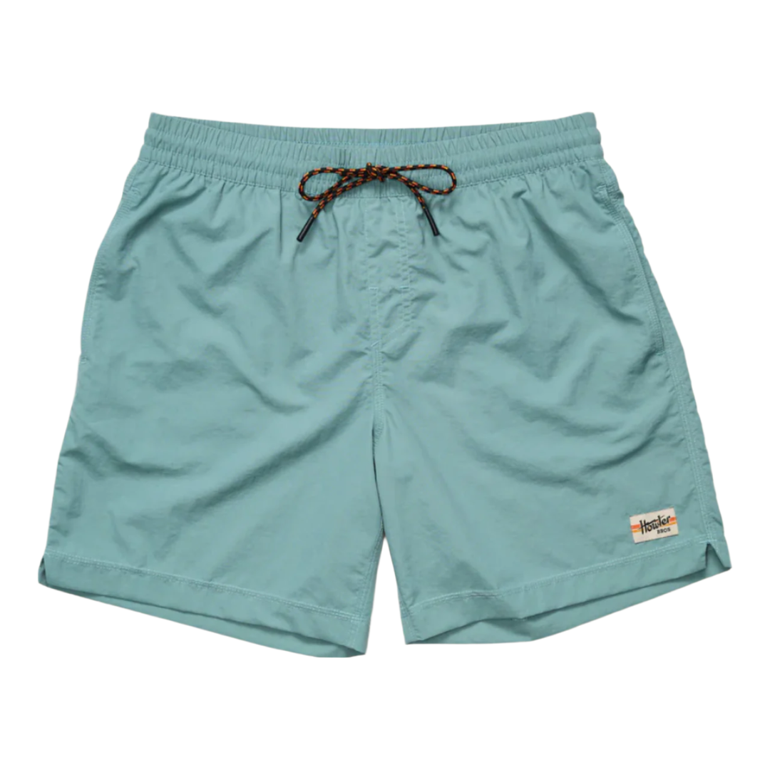 Howler Bros Salado Shorts in Arctic teal with elastic waistband and woven logo patch