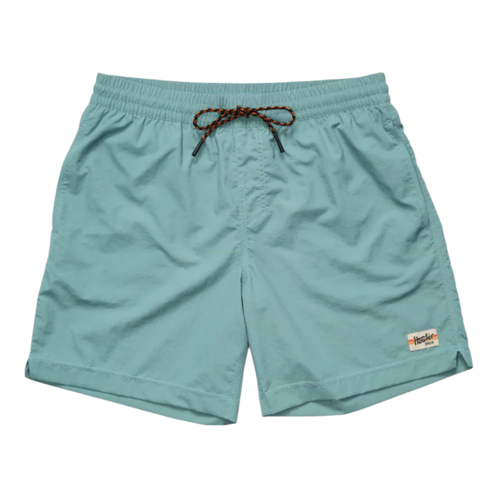 Howler Bros Salado Shorts in Arctic teal with elastic waistband and woven logo patch