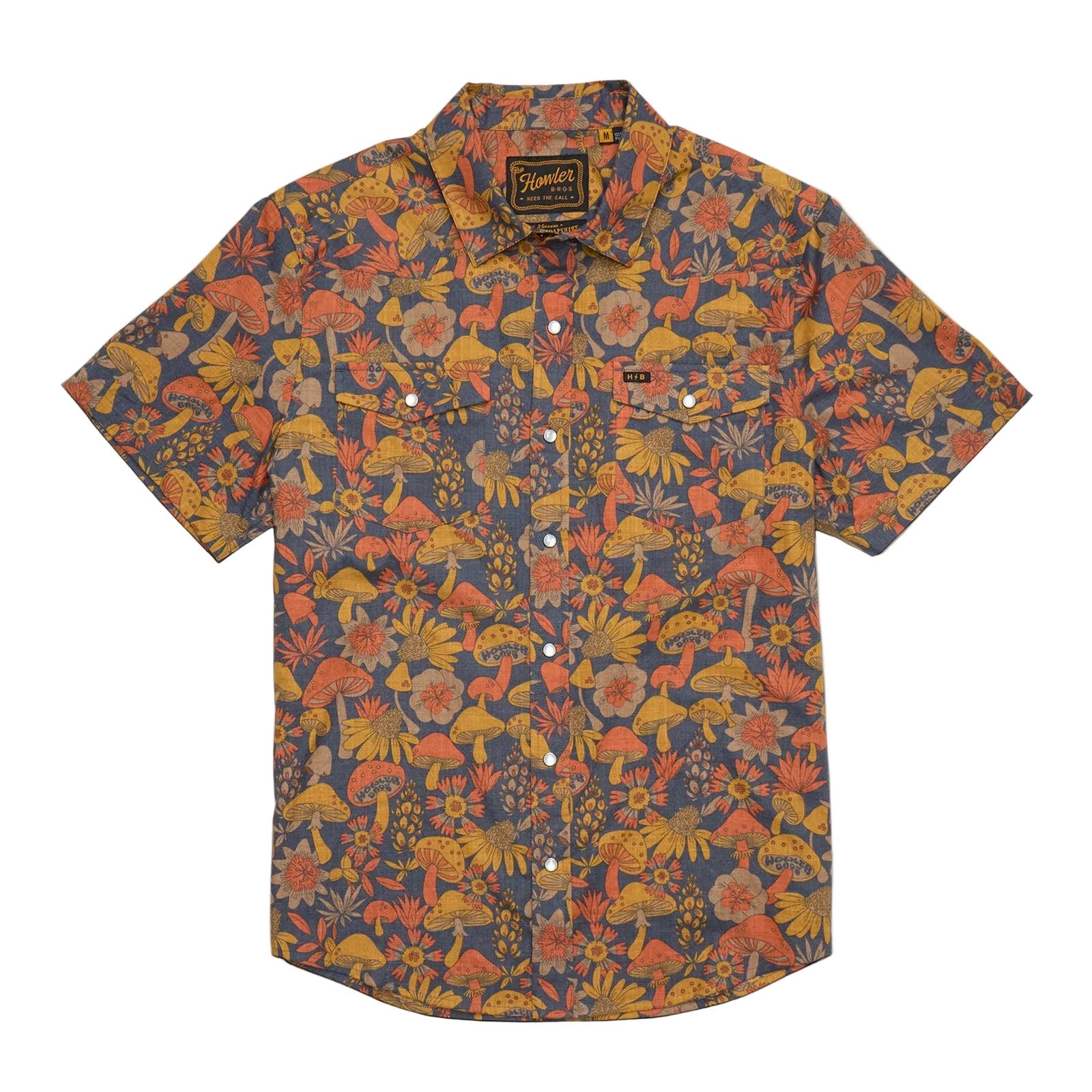 Howler Bros H Bar B Snapshirt Fungi Forage in Nightfall color, navy short sleeve button-down with mushroom print