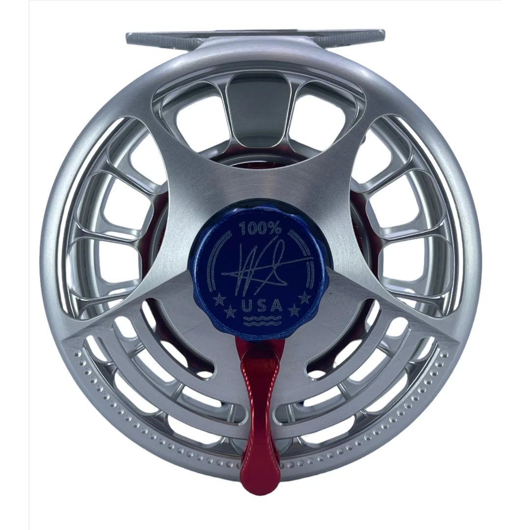 Seigler MF (9-10wt) -Silver w/ Matching Spool, Blue Drag Knob, Blue Handle, Red Lever, Red Thrust Plate (Custom -IN STOCK)