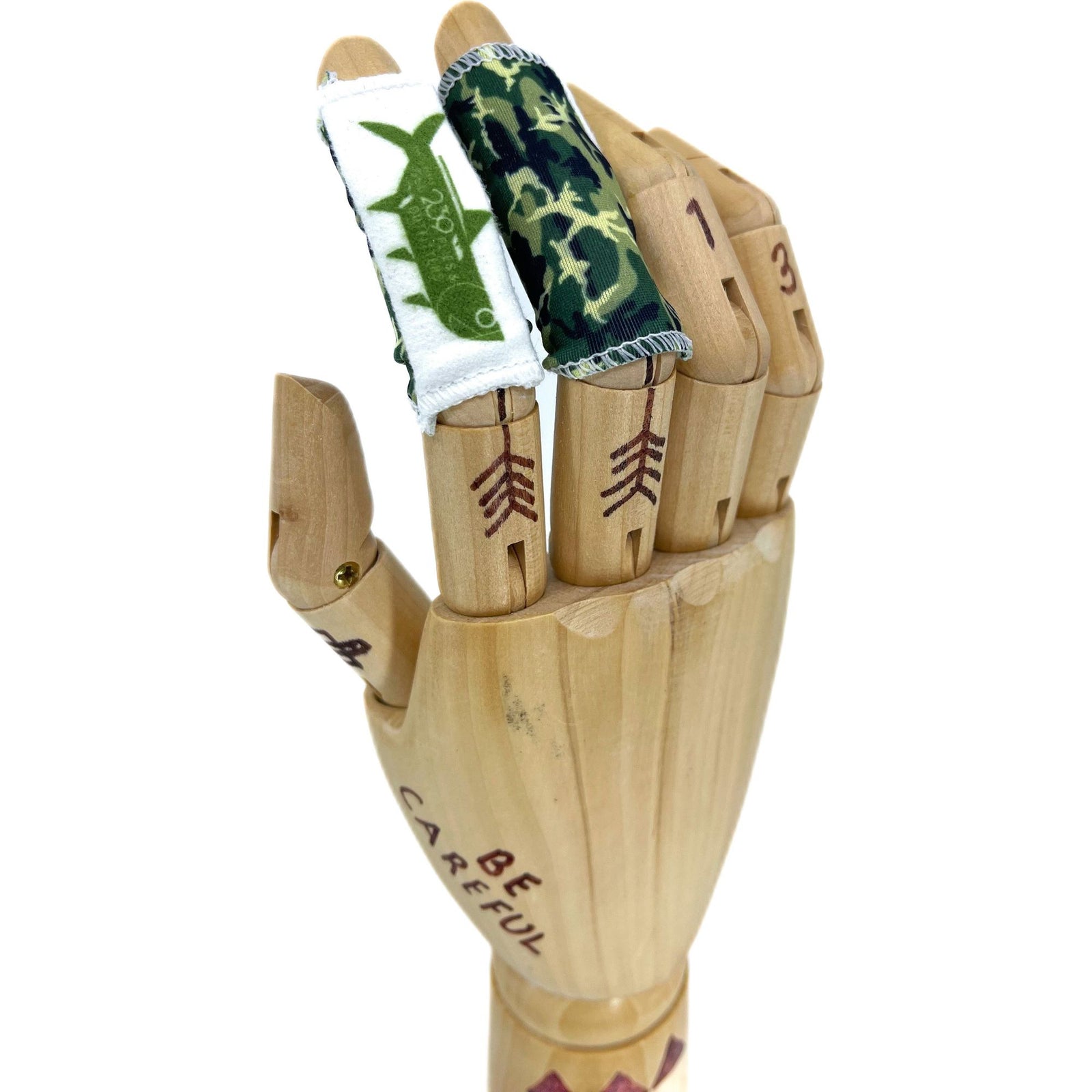 Kiff finger guards with fish and camo prints for fly fishing protection