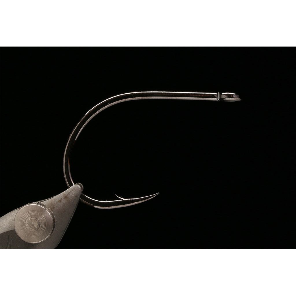 Close-up of Kona forged high-carbon steel wide gap streamer hook detail