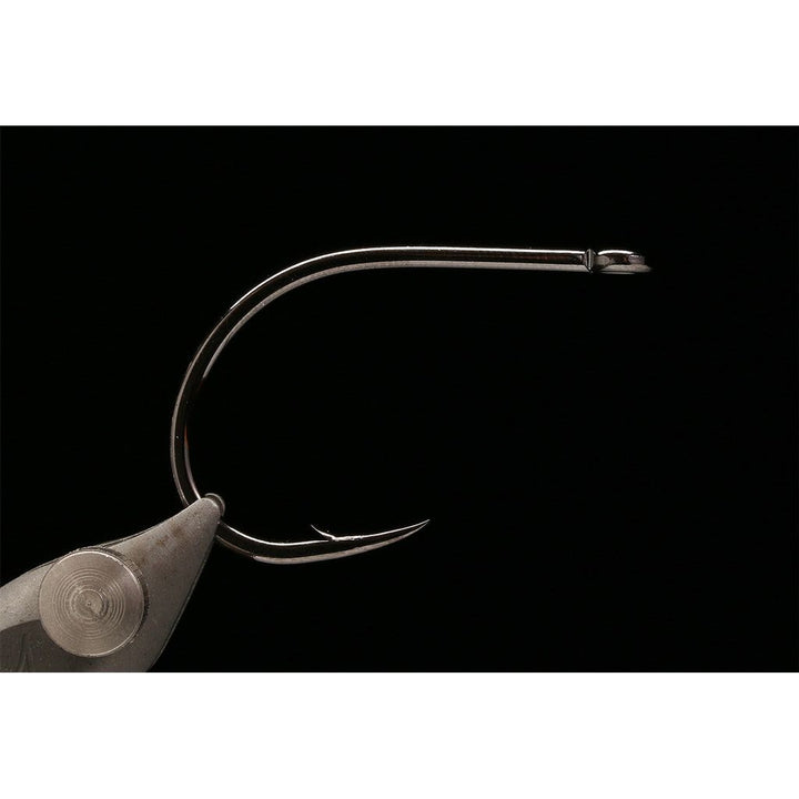 Close-up of Kona forged high-carbon steel wide gap streamer hook detail