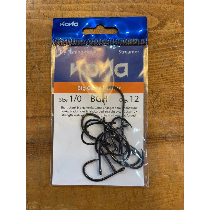 Kona Big Game Hunter Size 1/0 black-nickel streamer hooks in packaging